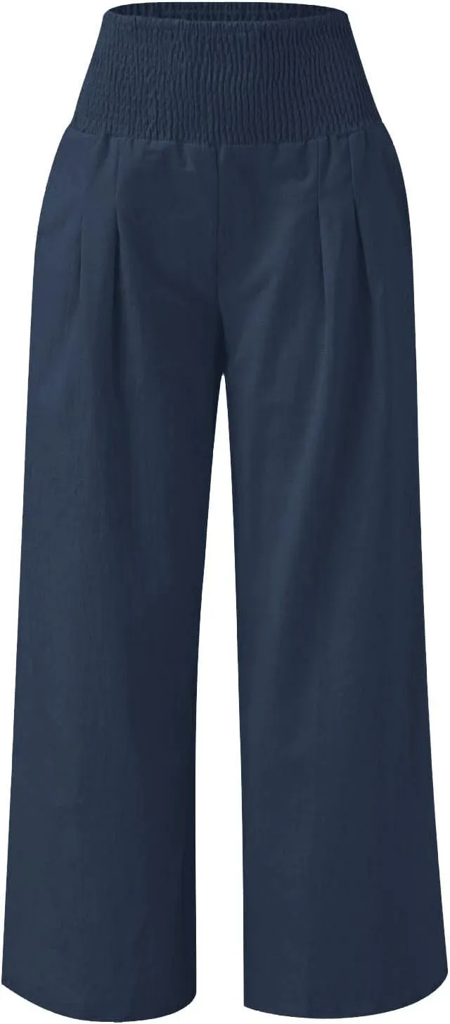 Girls Wide Leg Pants Linen Loose Trousers with Pockets Flowy High Waisted Casual Palazzo Trouser with Pocket for Kids