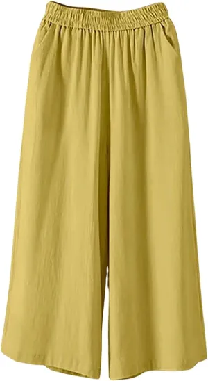 GOFULY Cotton Linen Pants Women Wide Leg Straight Loose Drawstring Elastic Waist Palazzo Pants Casual Trousers with Pockets