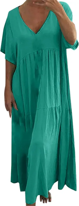 GOKKILRW Womens Oversized Baggy Flowy Maxi Dress Linen Summer Beach V Neck Casual Long Dress Plus Size Short Sleeve Dresses