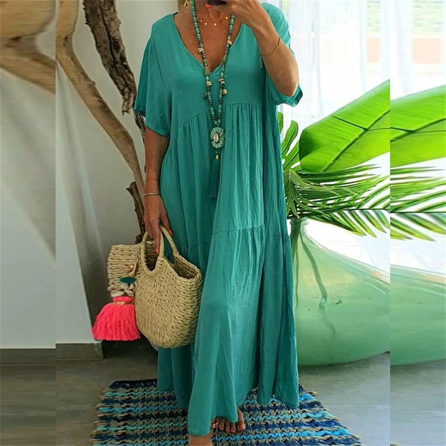 GOKKILRW Womens Oversized Baggy Flowy Maxi Dress Linen Summer Beach V Neck Casual Long Dress Plus Size Short Sleeve Dresses