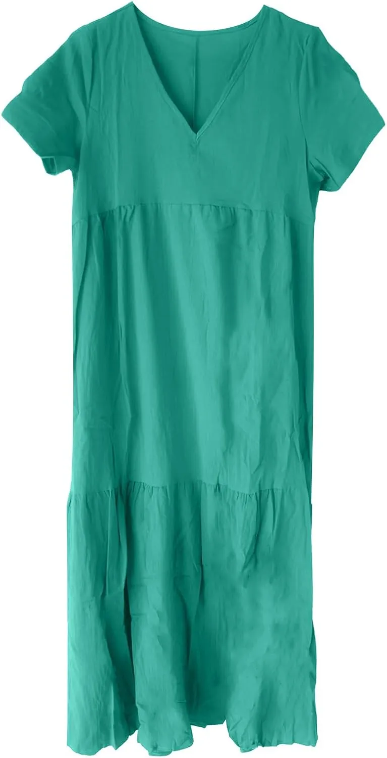 GOKKILRW Womens Oversized Baggy Flowy Maxi Dress Linen Summer Beach V Neck Casual Long Dress Plus Size Short Sleeve Dresses