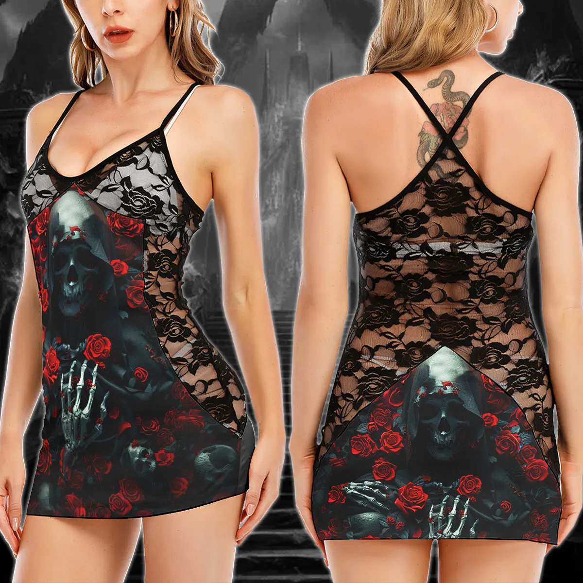 Grim Reaper Rose Pattern  Women's Black Lace Cami Dress Babydolls Nightgowns