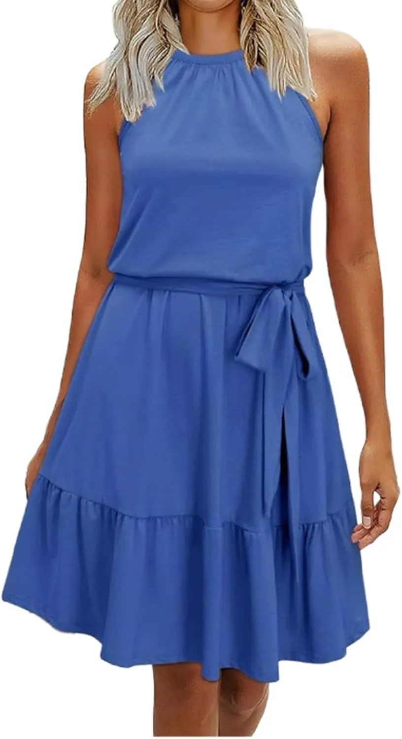 Halter Dresses for Women 2025 Crew Neck Tunic Summer Mini Dress Ruffle A Line Casual Dress Sundresses with Pockets
