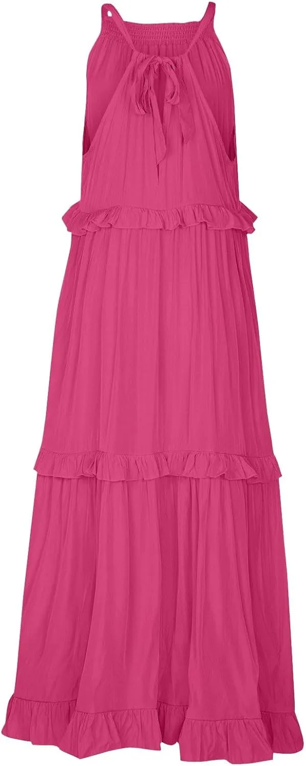 Halter Maxi Tiered Dresses for Women Summer Flowy Swing Ruffle Smocked Dress Plus Size Sundress Frocks with Pockets