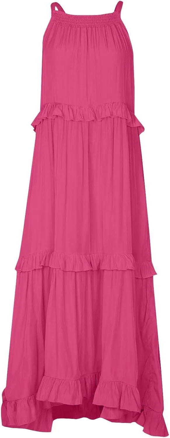 Halter Maxi Tiered Dresses for Women Summer Flowy Swing Ruffle Smocked Dress Plus Size Sundress Frocks with Pockets