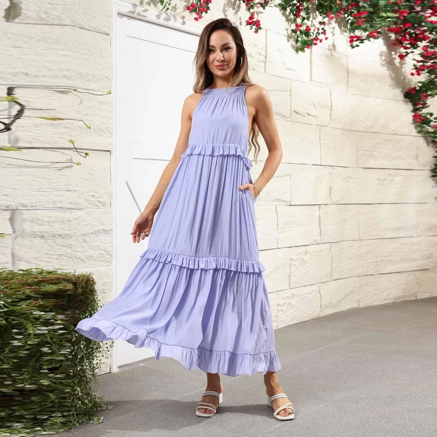 Halter Maxi Tiered Dresses for Women Summer Flowy Swing Ruffle Smocked Dress Plus Size Sundress Frocks with Pockets