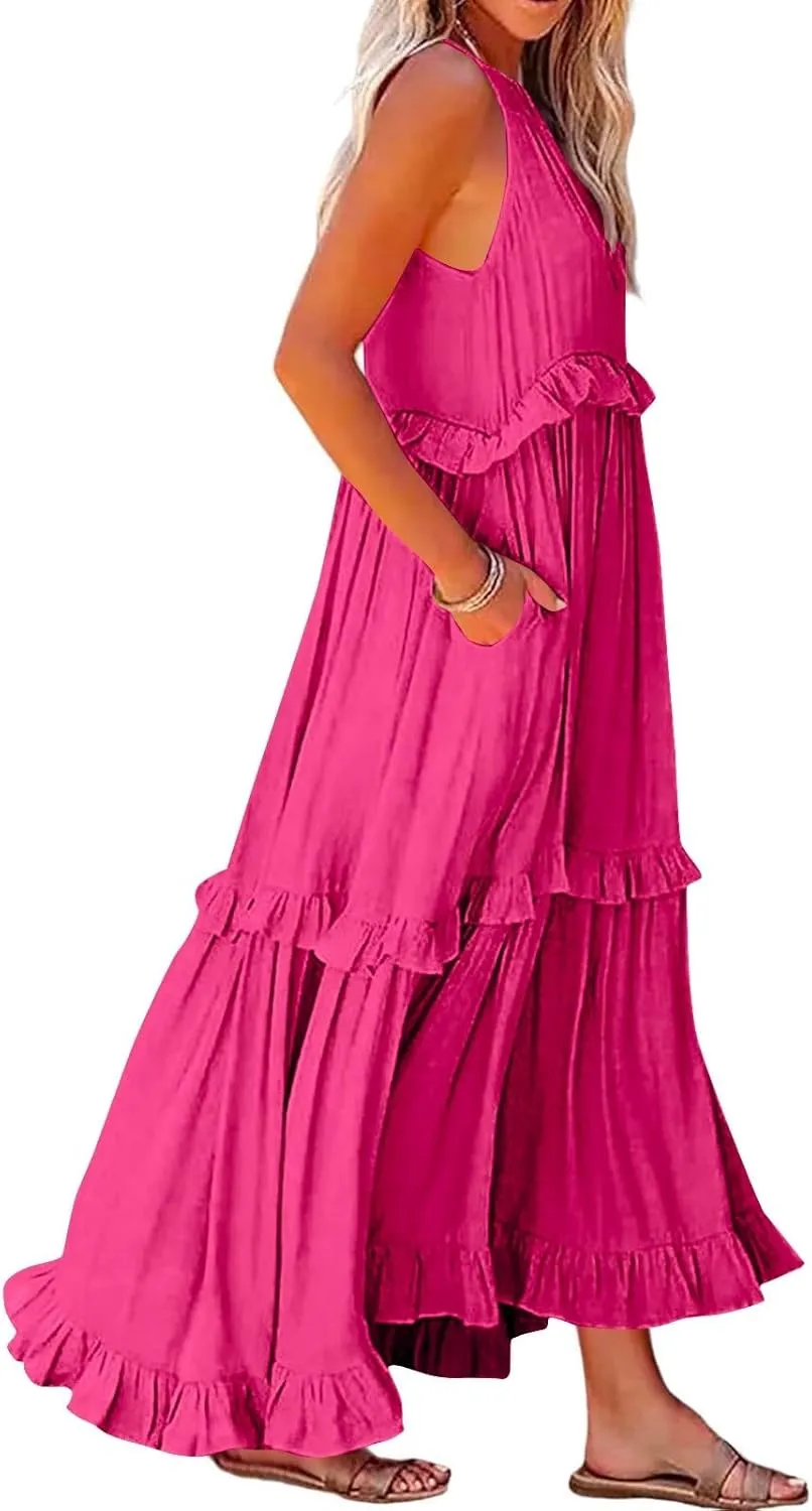 Halter Maxi Tiered Dresses for Women Summer Flowy Swing Ruffle Smocked Dress Plus Size Sundress Frocks with Pockets