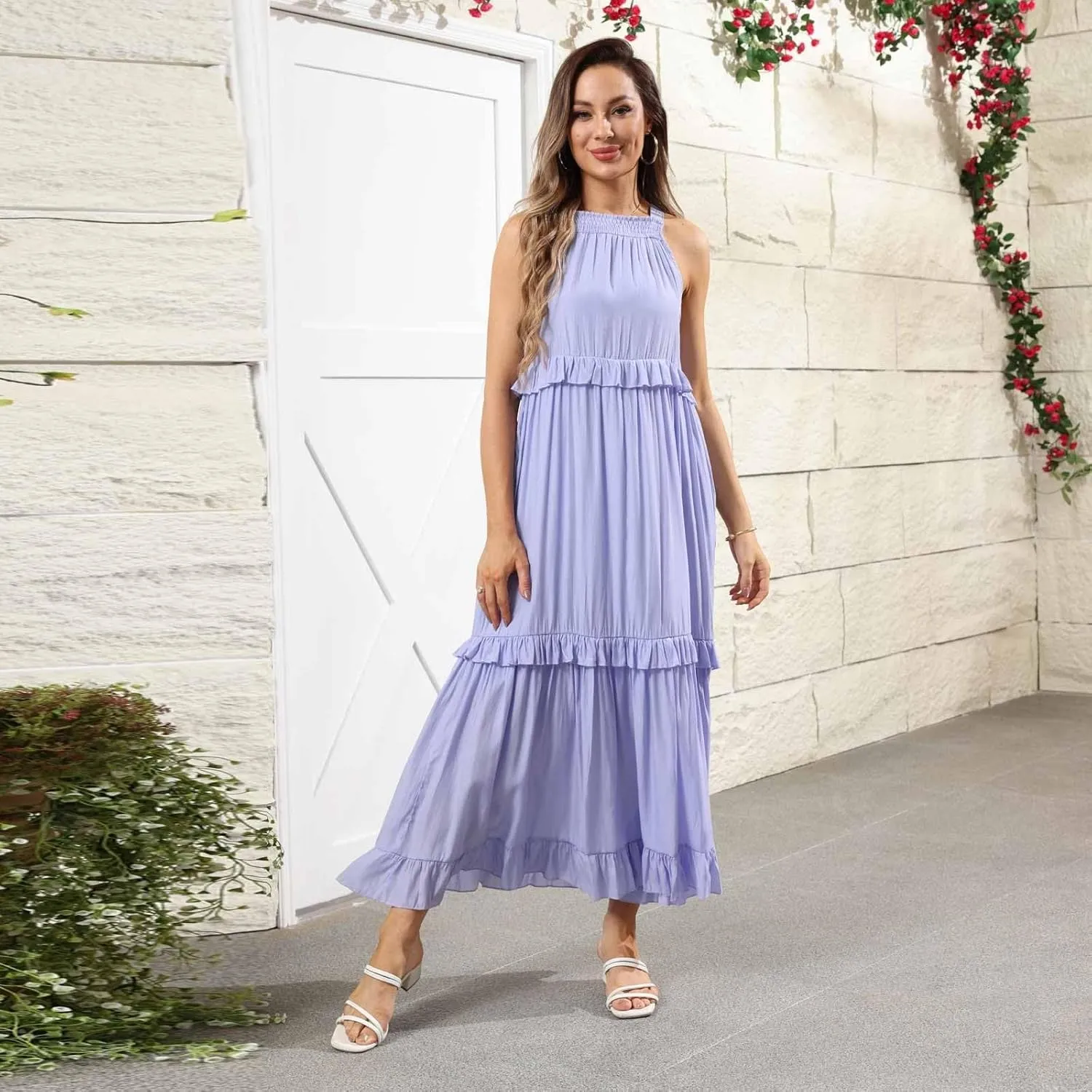 Halter Maxi Tiered Dresses for Women Summer Flowy Swing Ruffle Smocked Dress Plus Size Sundress Frocks with Pockets
