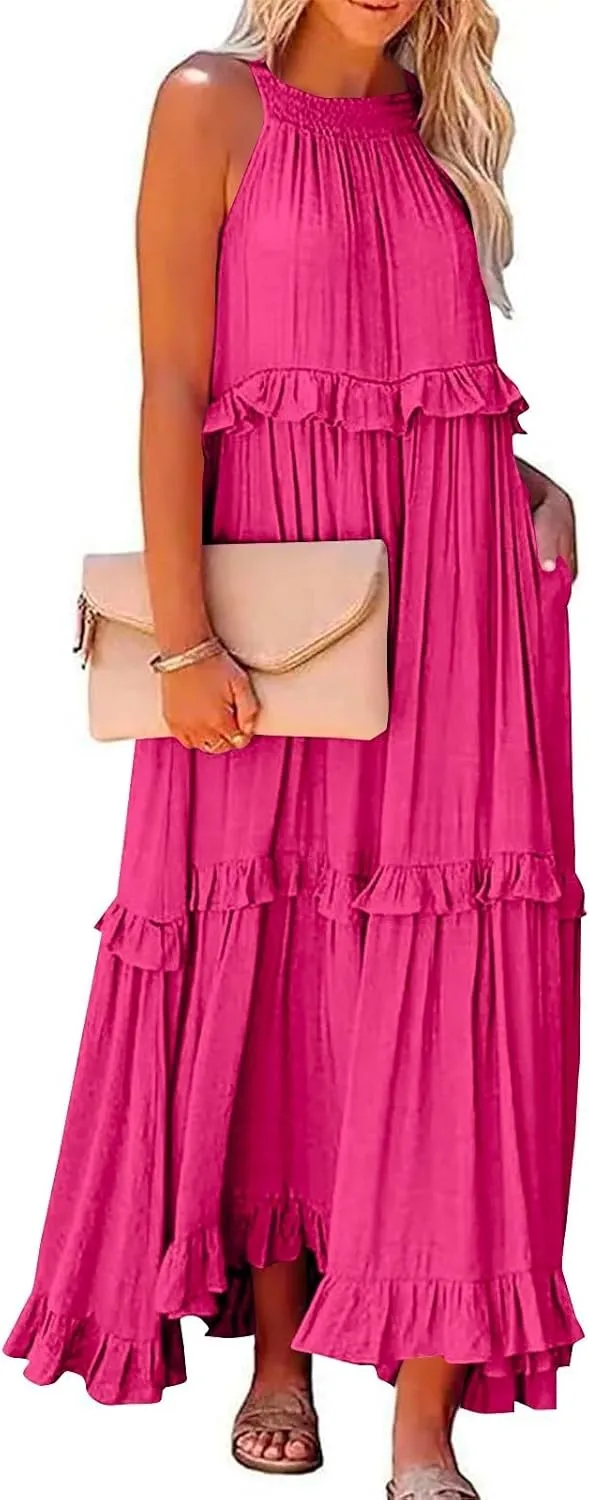 Halter Maxi Tiered Dresses for Women Summer Flowy Swing Ruffle Smocked Dress Plus Size Sundress Frocks with Pockets