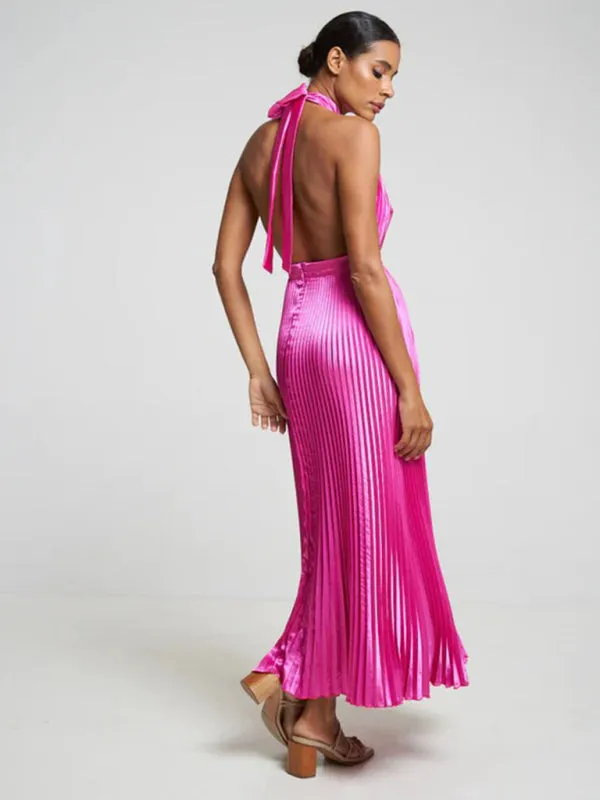 Halterneck Elegant Satin Plisse Cocktail Midi Dress