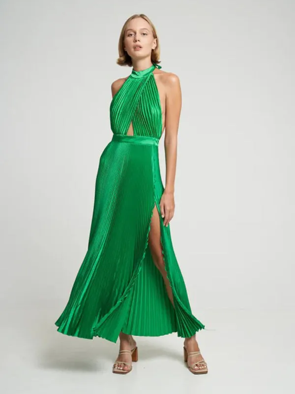 Halterneck Elegant Satin Plisse Cocktail Midi Dress
