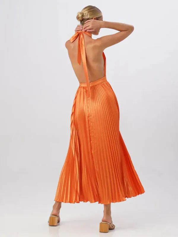 Halterneck Elegant Satin Plisse Cocktail Midi Dress