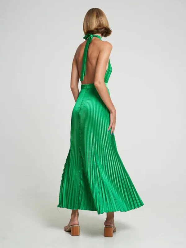 Halterneck Elegant Satin Plisse Cocktail Midi Dress
