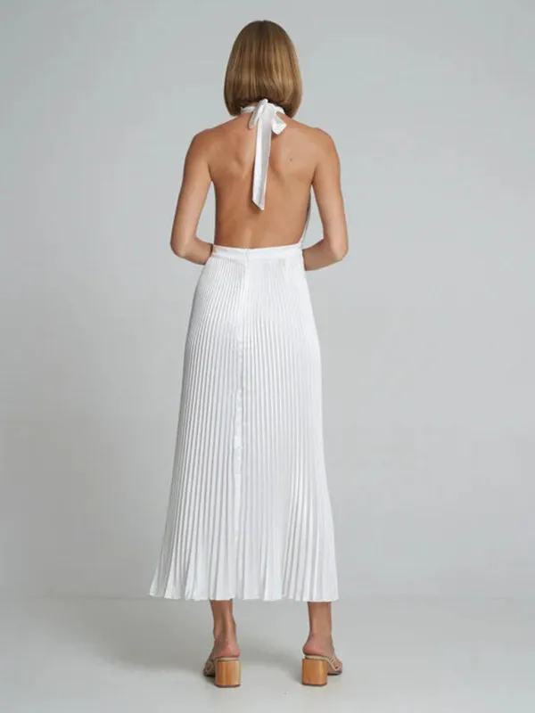 Halterneck Elegant Satin Plisse Cocktail Midi Dress