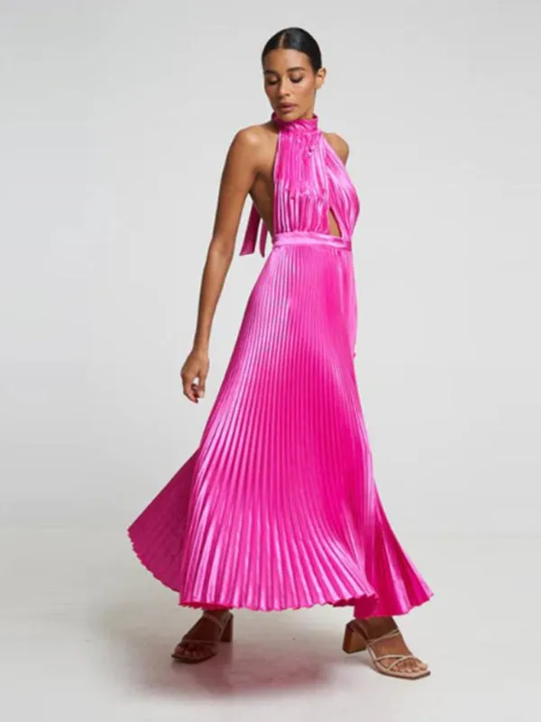 Halterneck Elegant Satin Plisse Cocktail Midi Dress