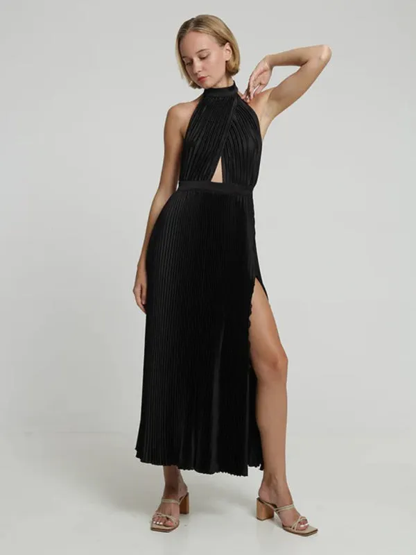 Halterneck Elegant Satin Plisse Cocktail Midi Dress