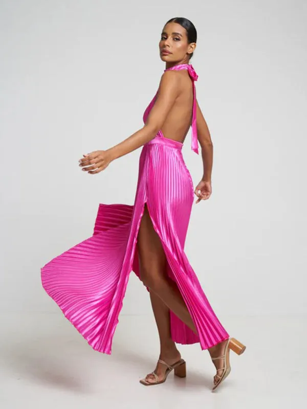Halterneck Elegant Satin Plisse Cocktail Midi Dress