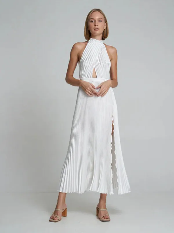Halterneck Elegant Satin Plisse Cocktail Midi Dress