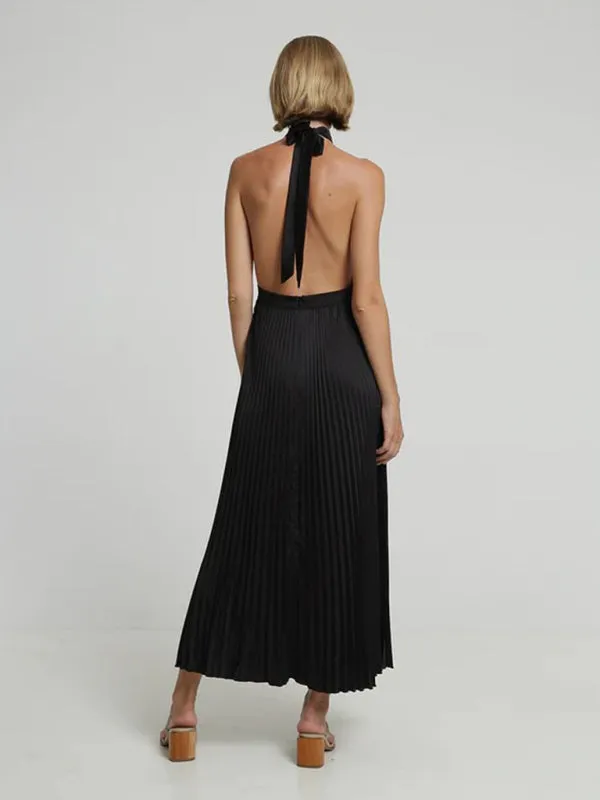 Halterneck Elegant Satin Plisse Cocktail Midi Dress