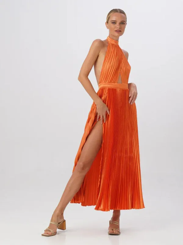 Halterneck Elegant Satin Plisse Cocktail Midi Dress