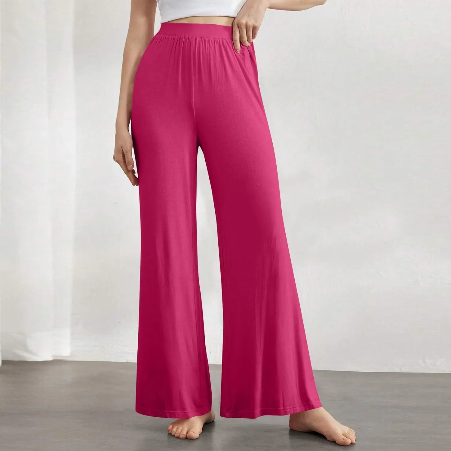 High Waisted Trousers Women Flowy Long Wide Leg Sweatpants Loose Fit Pleated Pull On Vacation Trousers with Pockets