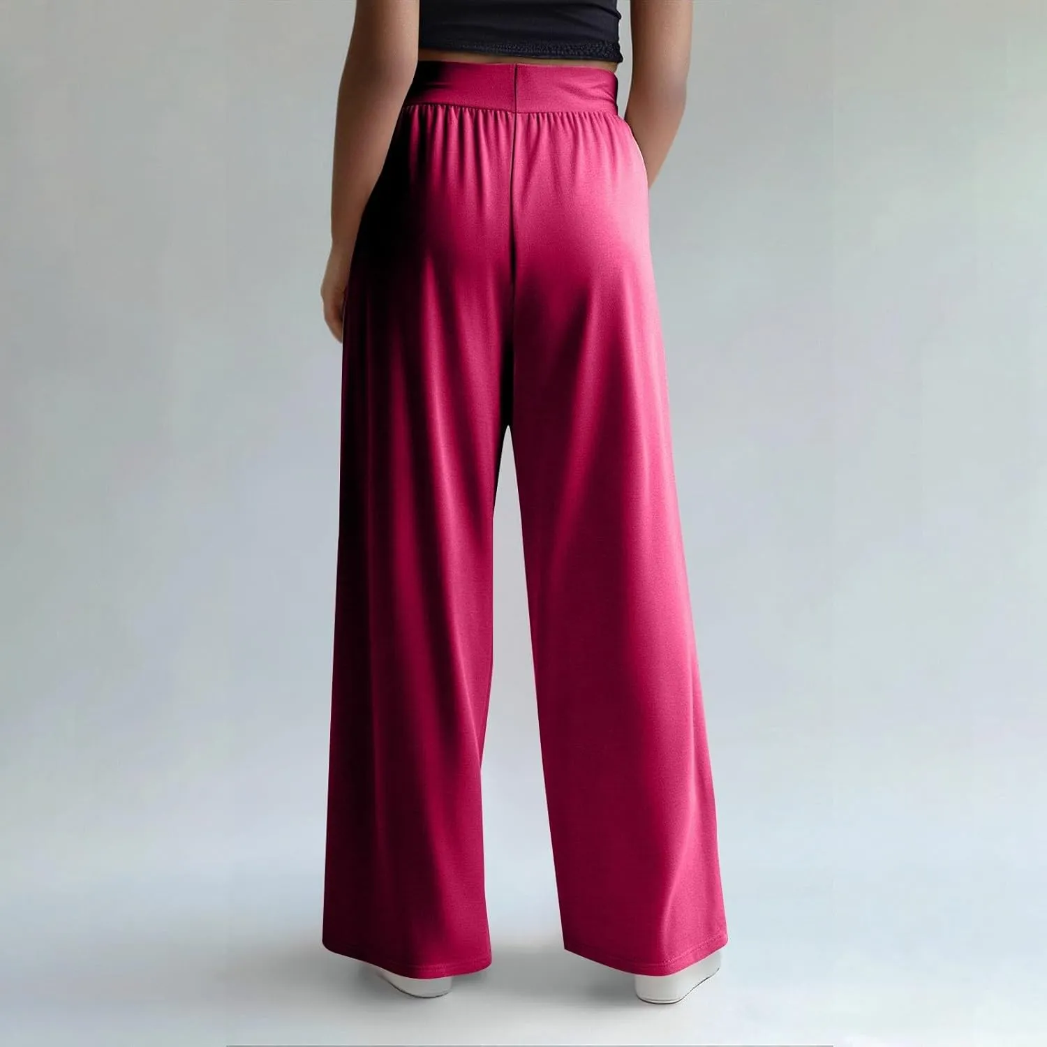 High Waisted Trousers Women Flowy Long Wide Leg Sweatpants Loose Fit Pleated Pull On Vacation Trousers with Pockets