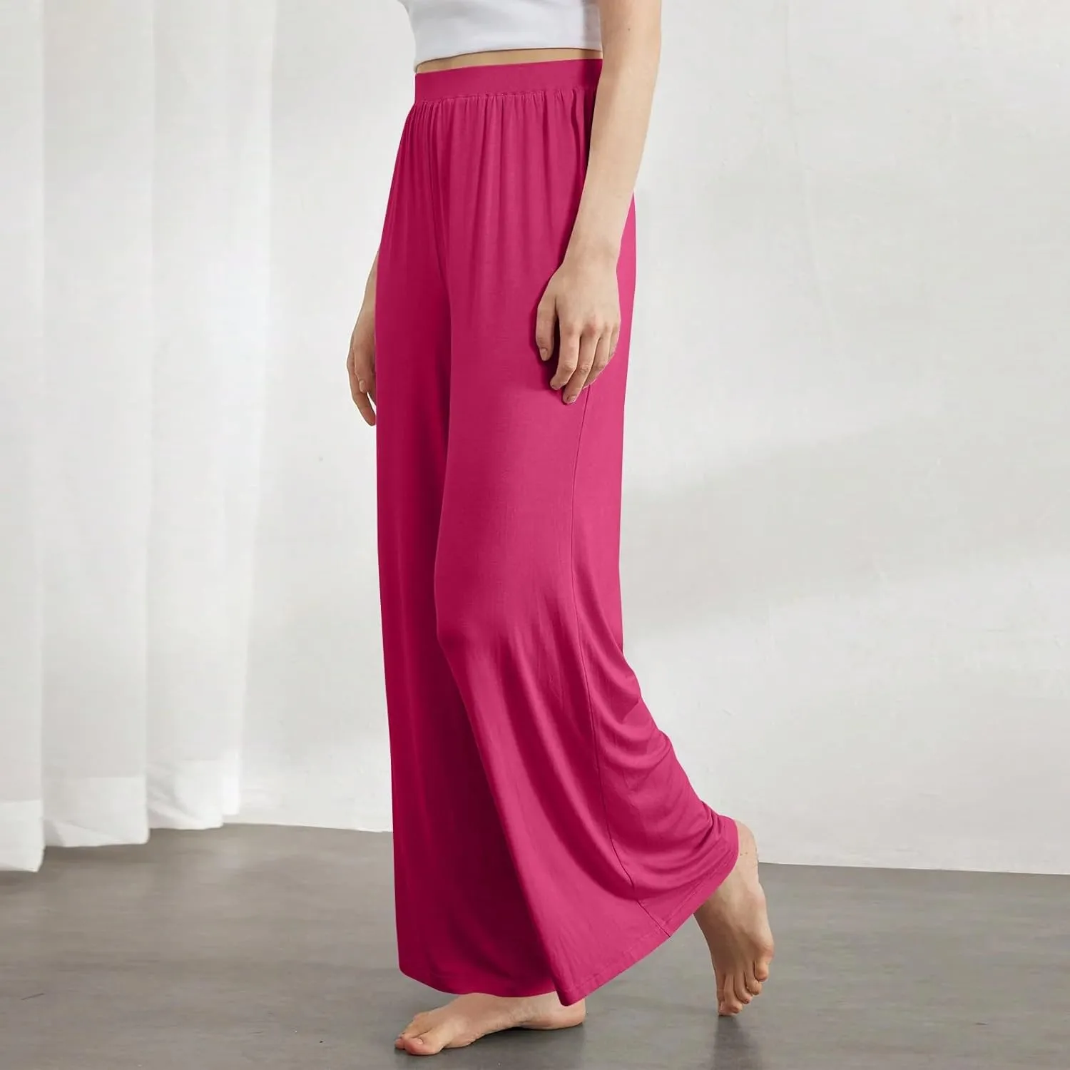 High Waisted Trousers Women Flowy Long Wide Leg Sweatpants Loose Fit Pleated Pull On Vacation Trousers with Pockets