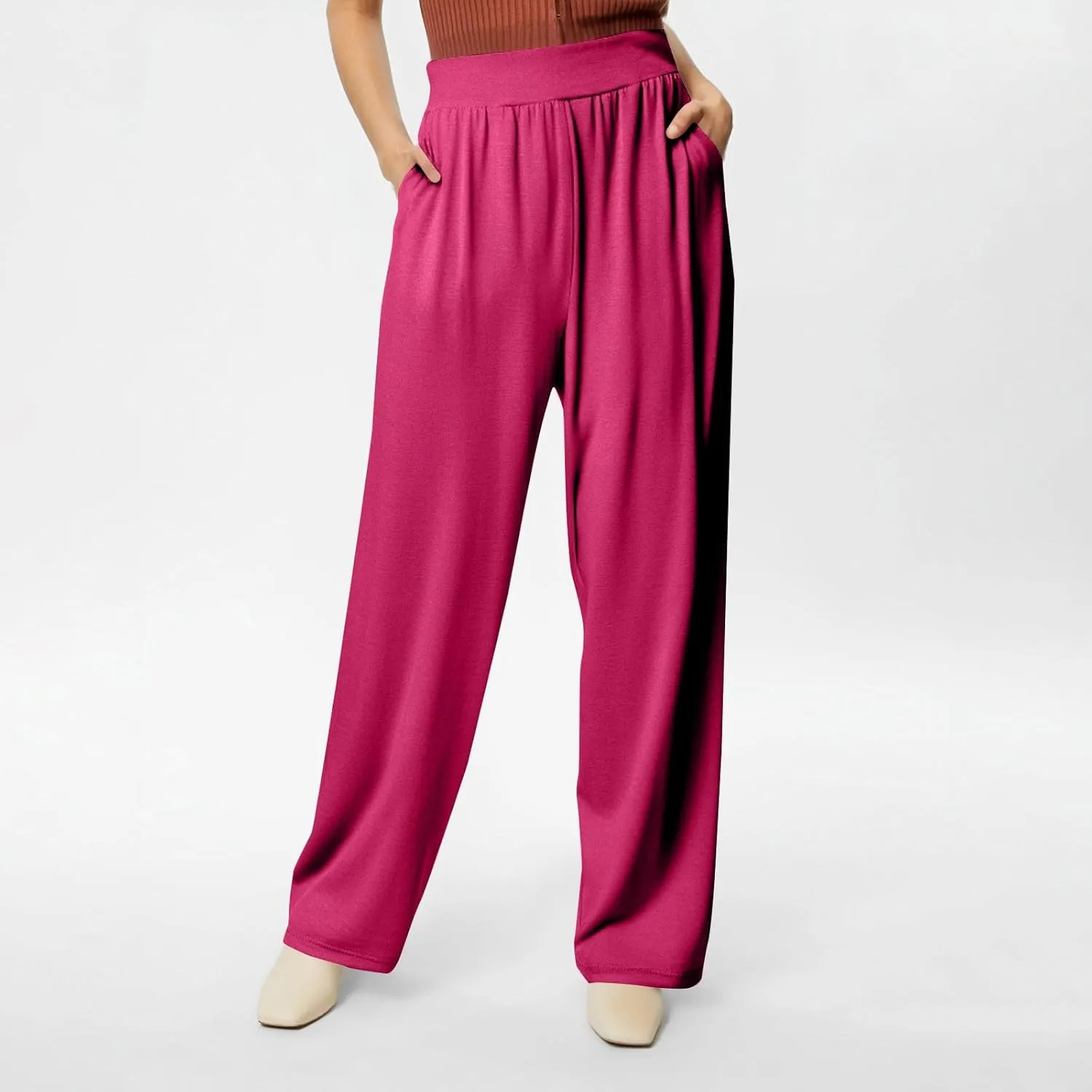 High Waisted Trousers Women Flowy Long Wide Leg Sweatpants Loose Fit Pleated Pull On Vacation Trousers with Pockets