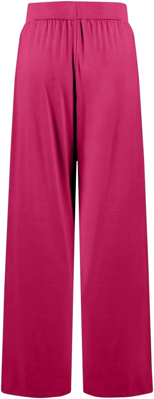 High Waisted Trousers Women Flowy Long Wide Leg Sweatpants Loose Fit Pleated Pull On Vacation Trousers with Pockets