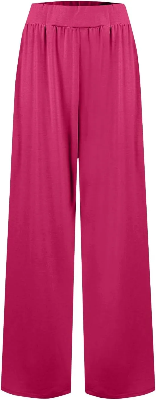High Waisted Trousers Women Flowy Long Wide Leg Sweatpants Loose Fit Pleated Pull On Vacation Trousers with Pockets