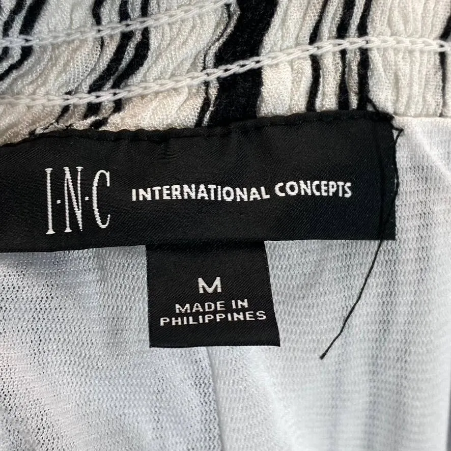 INC Women's Black/White Striped Crinkle Wide-Leg Drawstring Pants SZ M