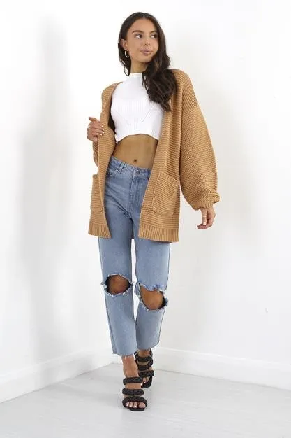 JACQUARD STITCH KNIT BALLOON SLEEVE CARDIGAN