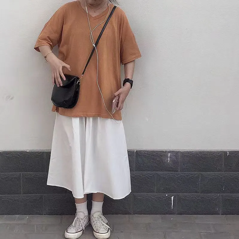 Japanese Cargo Women Summer Hong Kong White Flare Elastic Waist College Fresh Looking Skirt Mid-Length Skirt