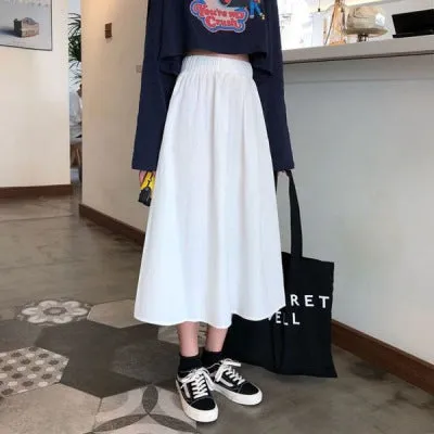 Japanese Cargo Women Summer Hong Kong White Flare Elastic Waist College Fresh Looking Skirt Mid-Length Skirt