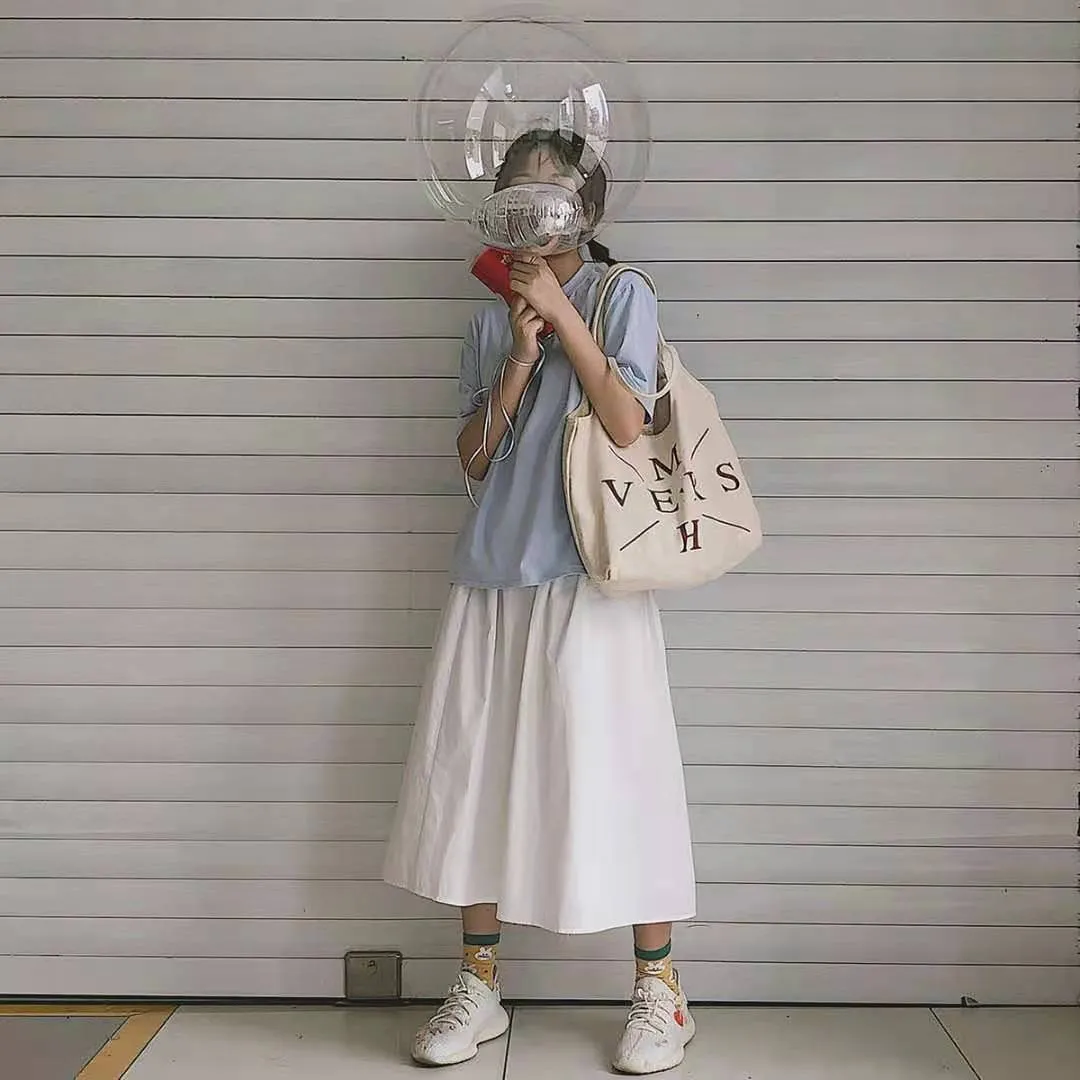 Japanese Cargo Women Summer Hong Kong White Flare Elastic Waist College Fresh Looking Skirt Mid-Length Skirt