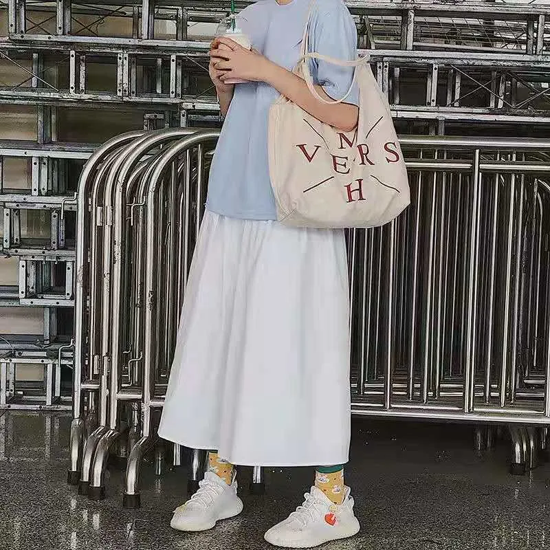Japanese Cargo Women Summer Hong Kong White Flare Elastic Waist College Fresh Looking Skirt Mid-Length Skirt