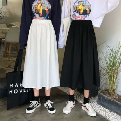 Japanese Cargo Women Summer Hong Kong White Flare Elastic Waist College Fresh Looking Skirt Mid-Length Skirt