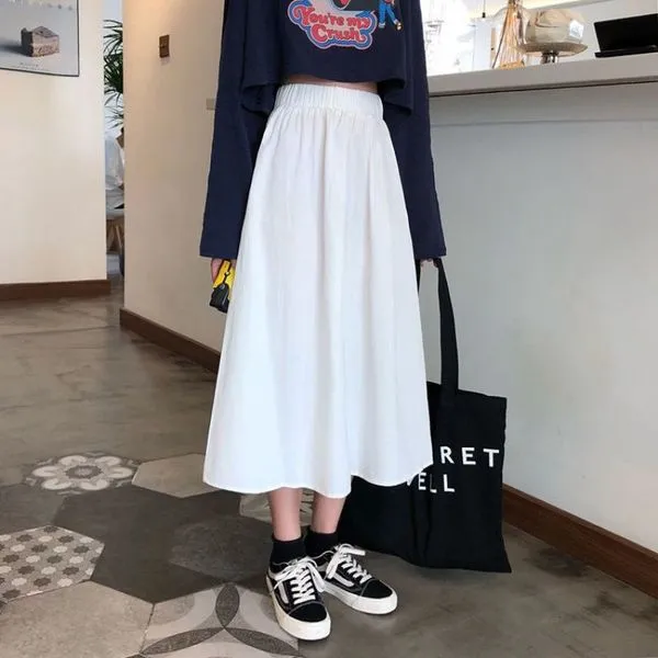 Japanese Cargo Women Summer Hong Kong White Flare Elastic Waist College Fresh Looking Skirt Mid-Length Skirt