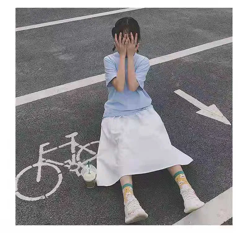 Japanese Cargo Women Summer Hong Kong White Flare Elastic Waist College Fresh Looking Skirt Mid-Length Skirt