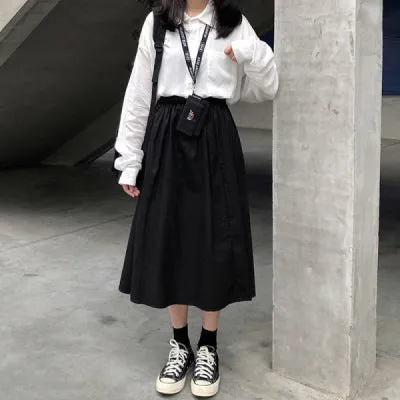Japanese Cargo Women Summer Hong Kong White Flare Elastic Waist College Fresh Looking Skirt Mid-Length Skirt