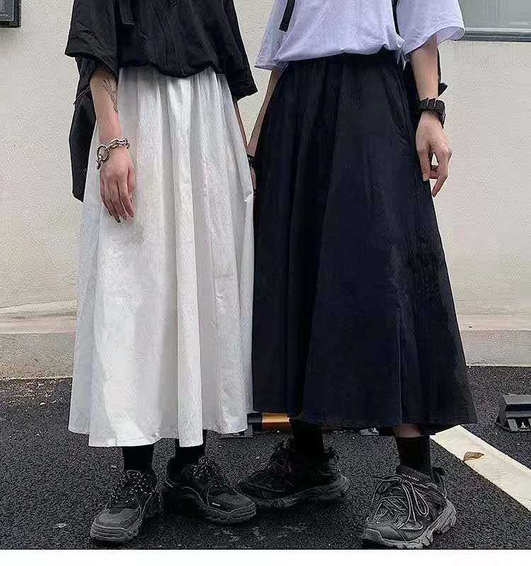 Japanese Cargo Women Summer Hong Kong White Flare Elastic Waist College Fresh Looking Skirt Mid-Length Skirt