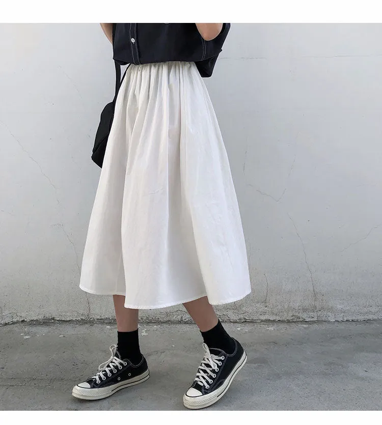 Japanese Cargo Women Summer Hong Kong White Flare Elastic Waist College Fresh Looking Skirt Mid-Length Skirt