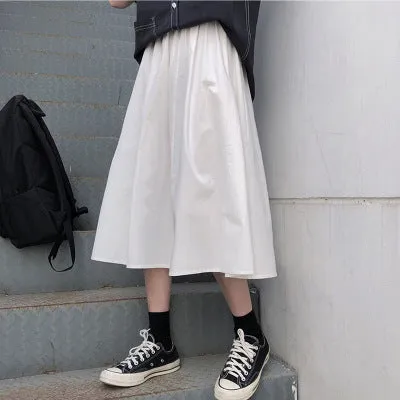 Japanese Cargo Women Summer Hong Kong White Flare Elastic Waist College Fresh Looking Skirt Mid-Length Skirt