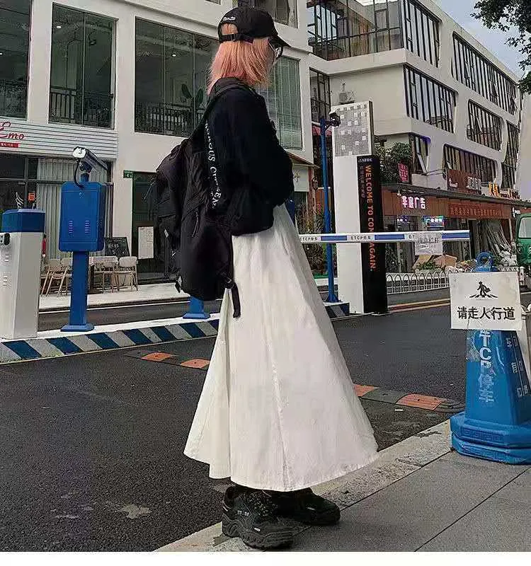 Japanese Cargo Women Summer Hong Kong White Flare Elastic Waist College Fresh Looking Skirt Mid-Length Skirt