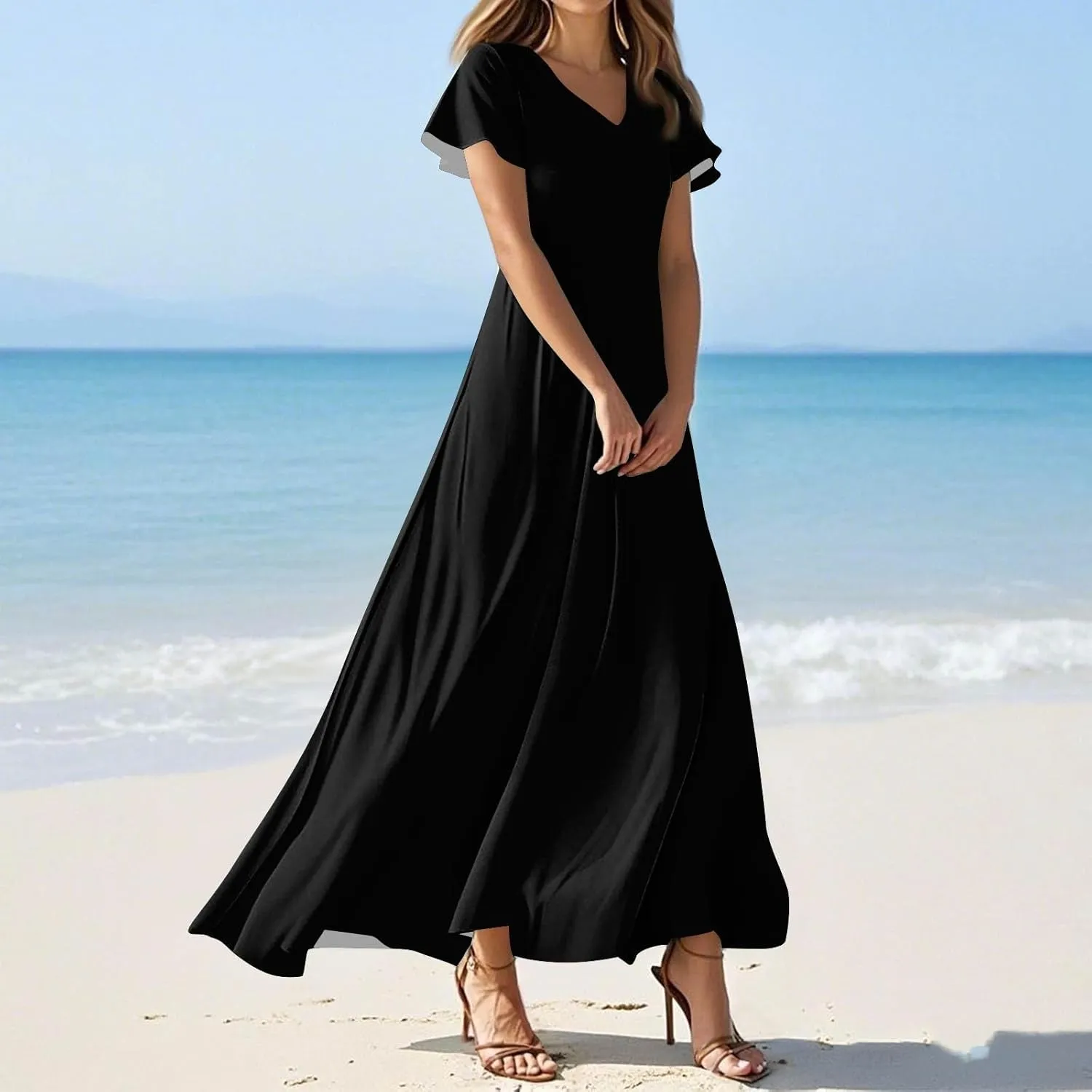 JJHAEVDY Summer Dresses for Women Loose Short Sleeve Dress V Neck Casual Maxi Dress Print Flowy Swing Beach Vacation Dress