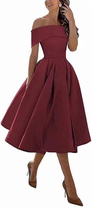 Knee-Length Satin Off Shoulder Homecoming Dress Short Prom Cocktail Party Dress for Junior