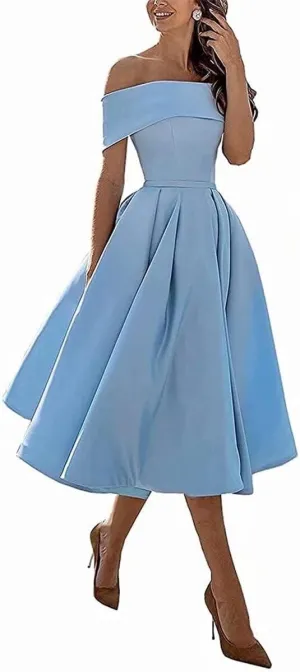 Knee-Length Satin Off Shoulder Homecoming Dress Short Prom Cocktail Party Dress for Junior