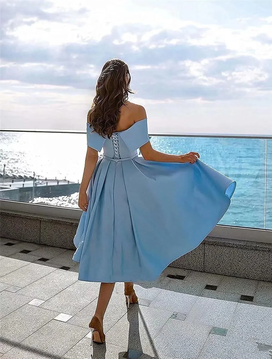Knee-Length Satin Off Shoulder Homecoming Dress Short Prom Cocktail Party Dress for Junior