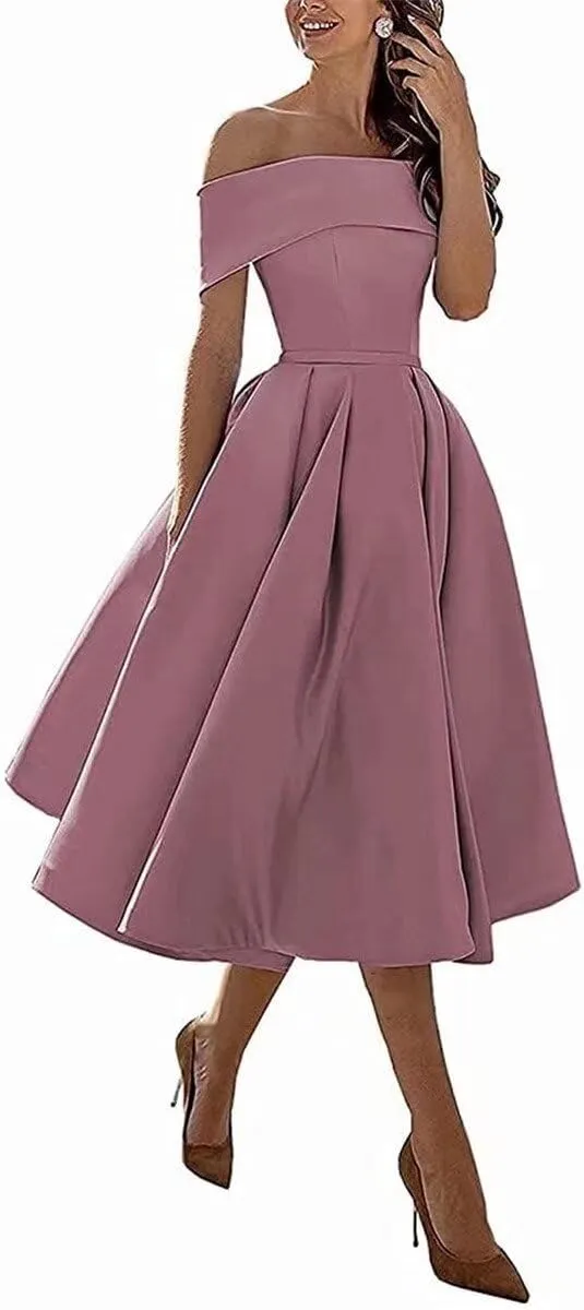 Knee-Length Satin Off Shoulder Homecoming Dress Short Prom Cocktail Party Dress for Junior