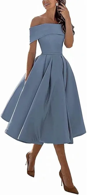 Knee-Length Satin Off Shoulder Homecoming Dress Short Prom Cocktail Party Dress for Junior
